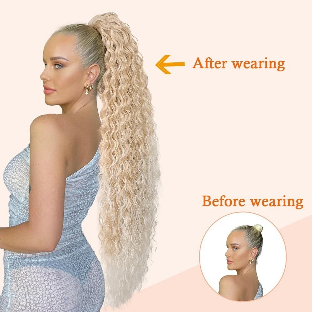27T613 Blonde Curly Drawstring Ponytail Extension 36 Inch Long Multi Layered Synthetic Ponytail Hair Piece