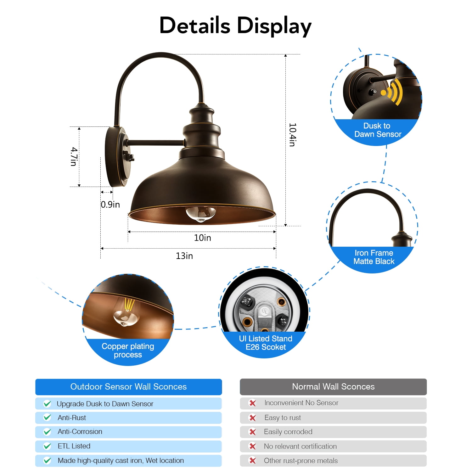 VIANIS Dusk to Dawn Outdoor Barn Lights, Brown Farmhouse Outside Front Porch Light Fixture, 10" ORB Gooseneck Garage Lights Outside, Waterproof Exterior Light Fixture for House, Porch