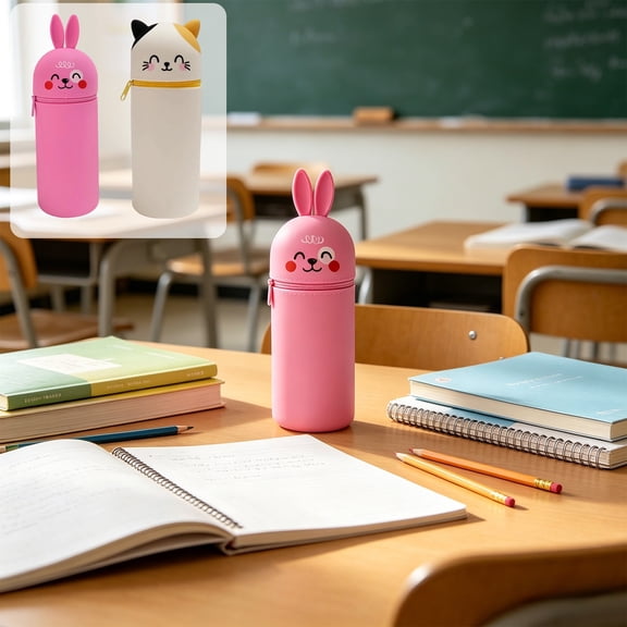 geerera Large Capacity Pencil Case, Cute Bunny Silicone Pen Organizer, Standing Zipper Pouch for Markers, Pink Stationery Holder, 7.52x2.6 Inch