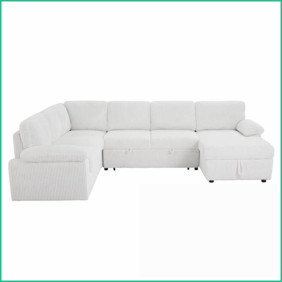 118 Inch Modular L/U Shaped Corduroy Sectional Sofa with Storage | Convertible Sleeper for Living Room | White | Corduroy | Cushion Back
