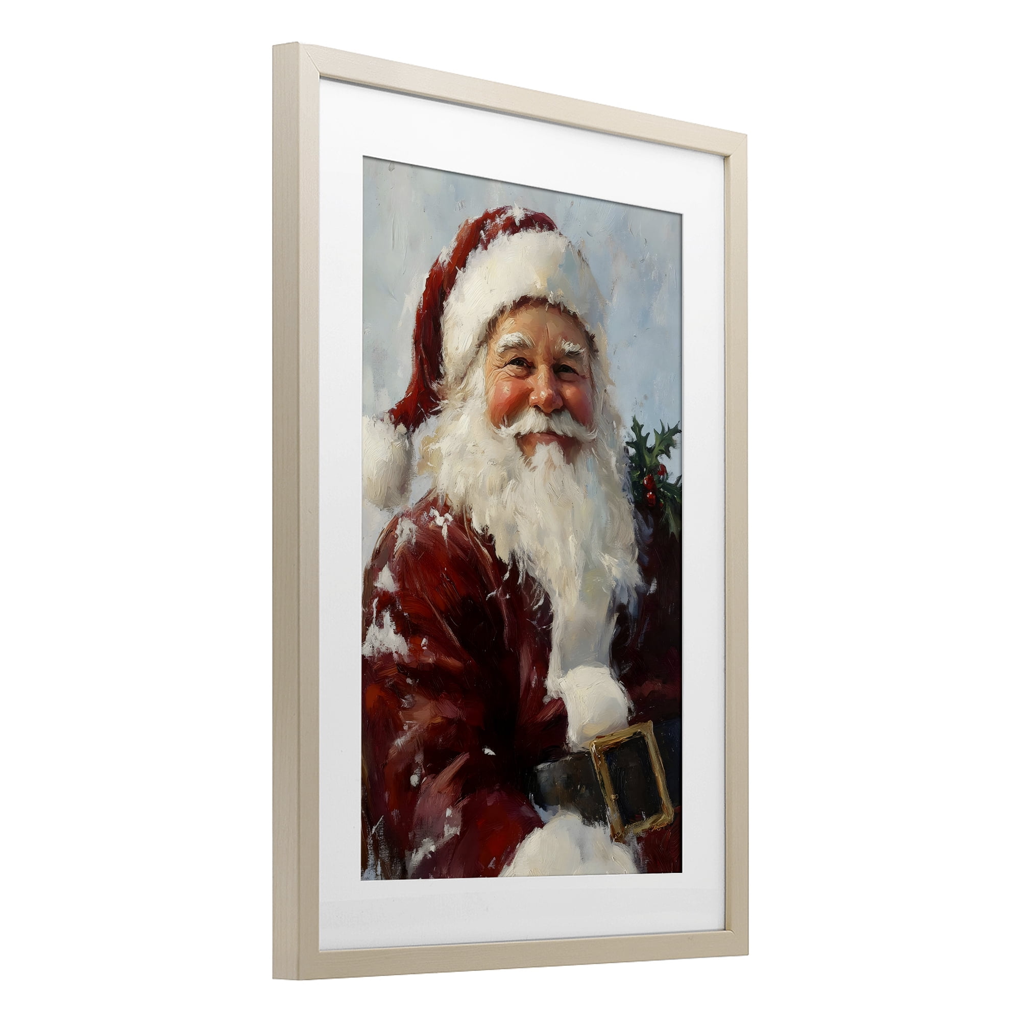 Rosy Cheeked Santa Smile Birch Framed Print Under Glass, design by Petal Prints Design