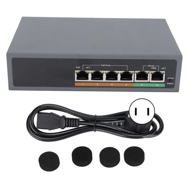 Conmutador POE IEEE802.3af/at 100Mbps, pequeño, compacto, silencioso, de escritorio, sin ventilador, 6 puertos, conmutador POE para punto de acceso, enchufe de 100-240VUS