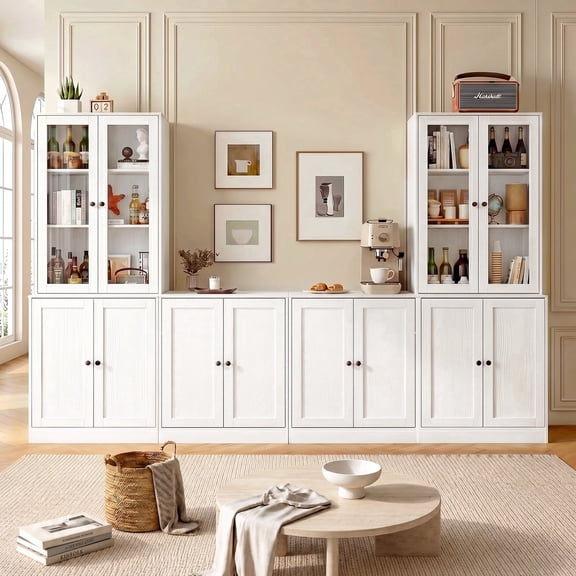 RichYa Kitchen Pantry Storage Cabinets,94.4''W Modular Furniture Cabinets with Hutch,Sideboard Buffet Cabinet with Doors and Shelves for Dining Room,Living Room,White