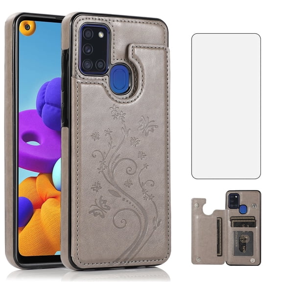 Asuwish Compatible with Samsung Galaxy A21S Wallet Phone Case Tempered Glass Screen Protector and Flower PU Leather Credit Card Holder Stand Rugged Accessories Cell Cover for A 21S Women Men Grey