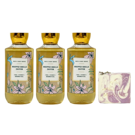 Bath & Body Works Whipped Vanilla Chiffon 3 Piece Shower Gel Value Pack with a Marbela Lavender Dream Bar Soap - Full Size