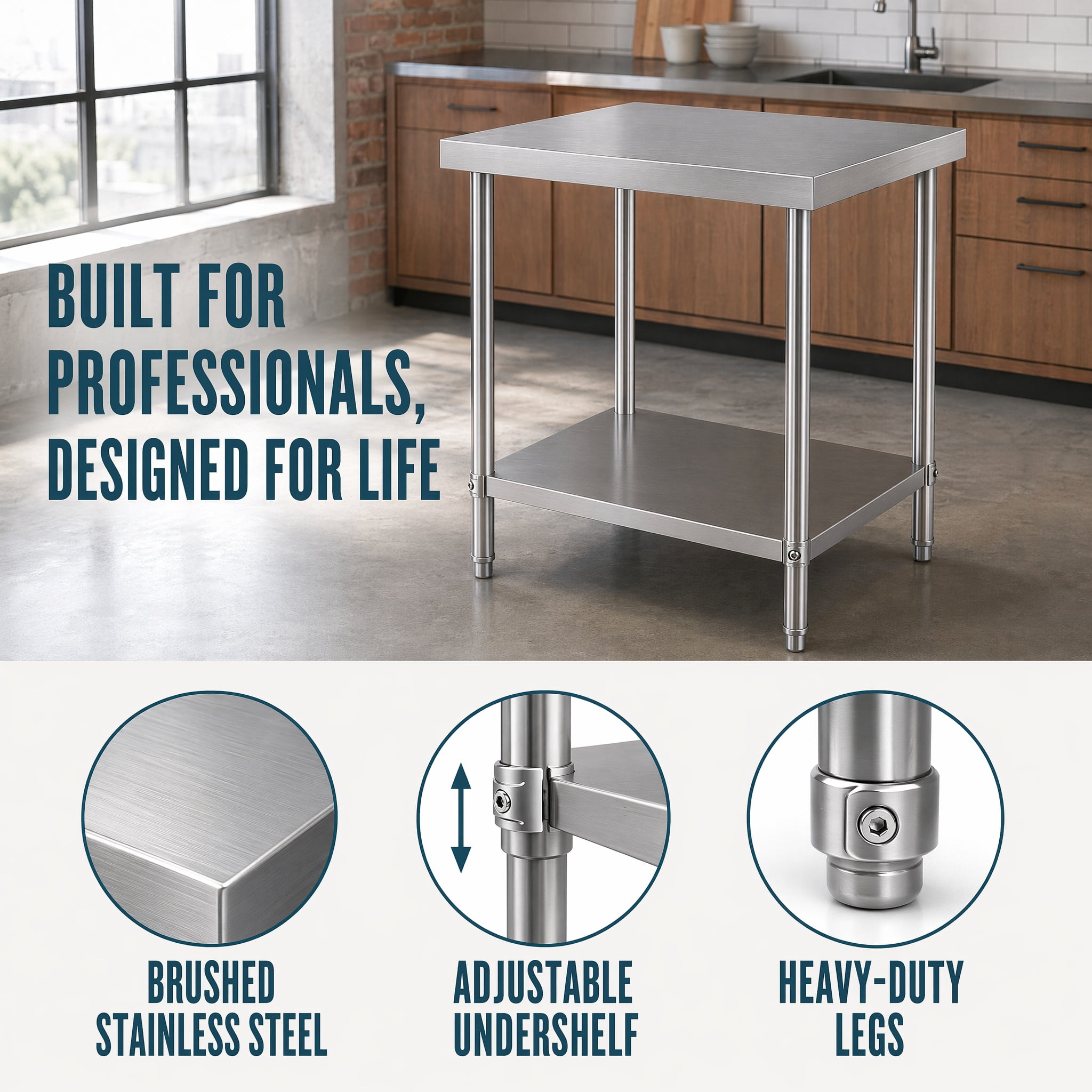GARITIN 24 x 24 Inch Commercial Work Table, Stainless Steel Kitchen Prep Table with Under Shelf for Restaurant & Home, Silver
