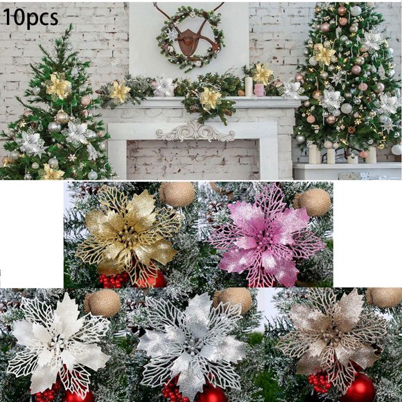 10Pcs Christmas Glitter Artificial Poinsettia Flowers Xmas Poinsettia Artificial Wedding Flowers Decorations Xmas Tree Ornaments for Party Favors, 4.4inch