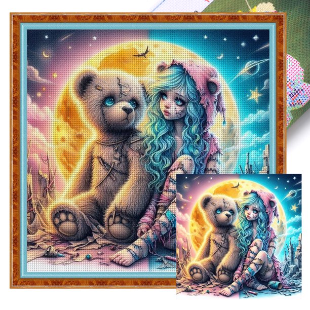 Hilo Algodón Ecológico Bordado 11CT 3 Hebras Impresión 50x50cm Kit Serie Personajes Punto Cruz Niña Y Oso Pelo Azul Likrtyny