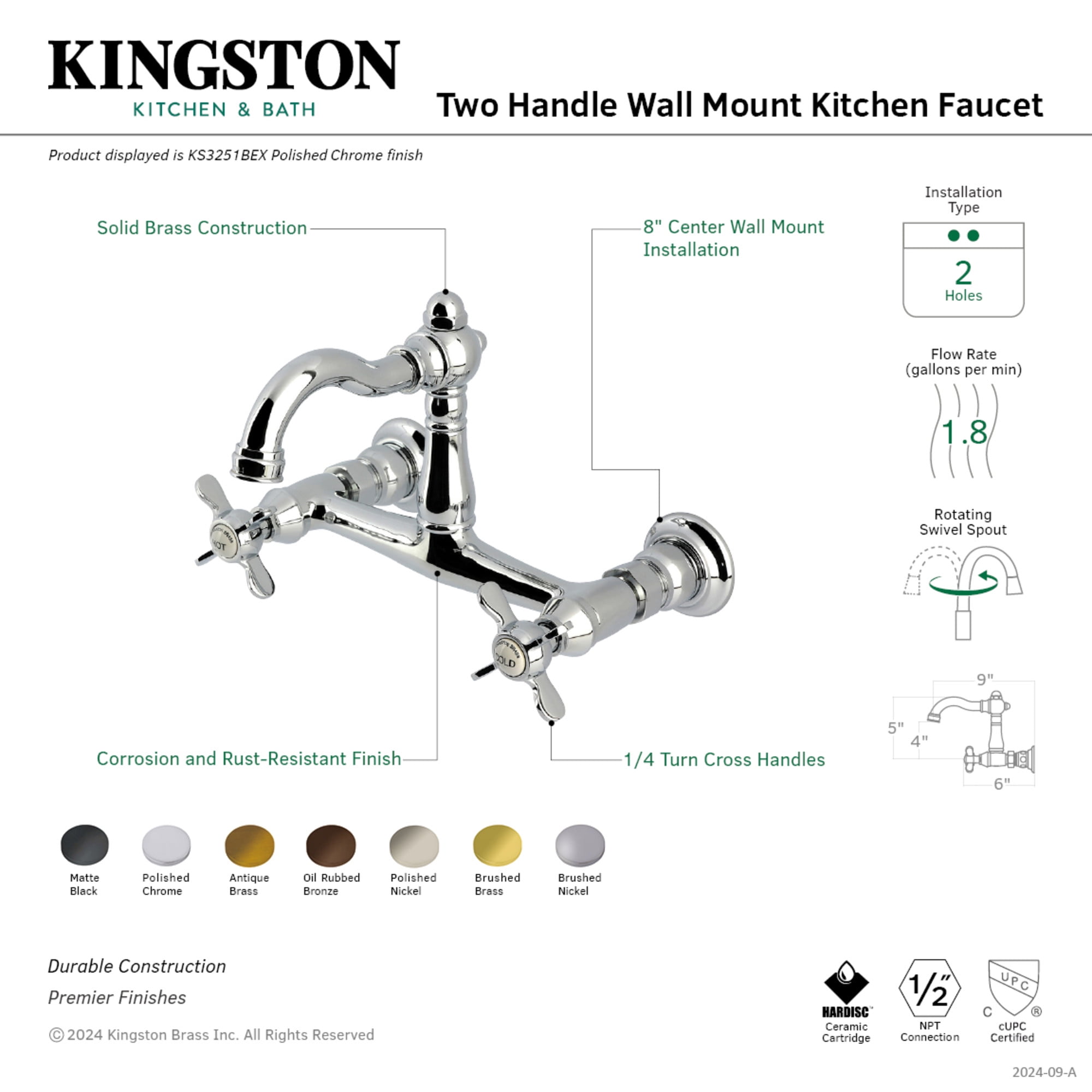 Kingston Brass KS3251BEX Vintage Double-Handle Wall-Mount Bridge Kitchen Faucet, Polished Chrome