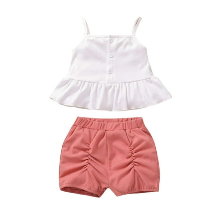 

Newborn Infant Baby Girls Summer Solid Camisol Vest Ruffled Tops+Shorts Set Outfits Fashion Children s Suit