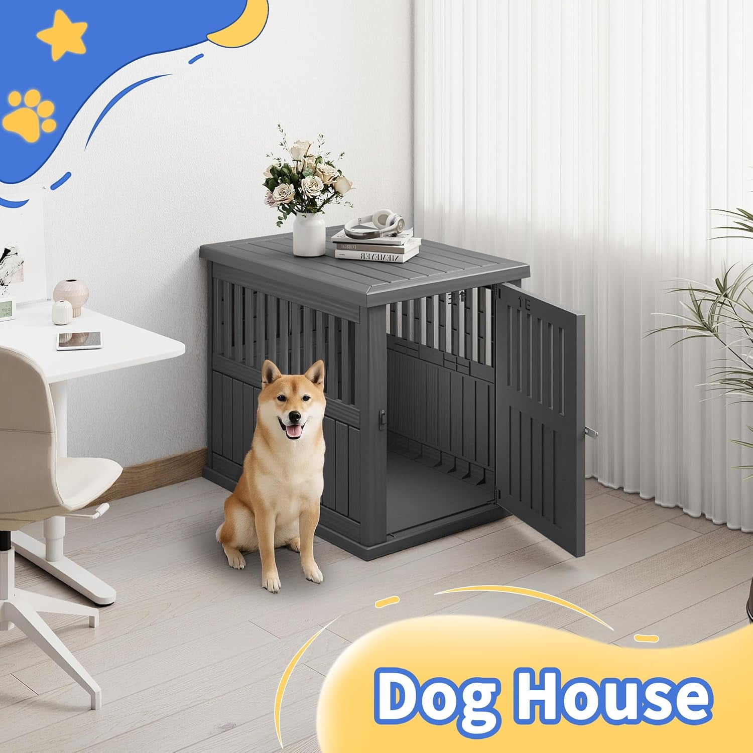 Dog House Resin Dog Crate Furniture Weatherproof Functional End Table for Indoor Living Spaces & Outdoor Patios