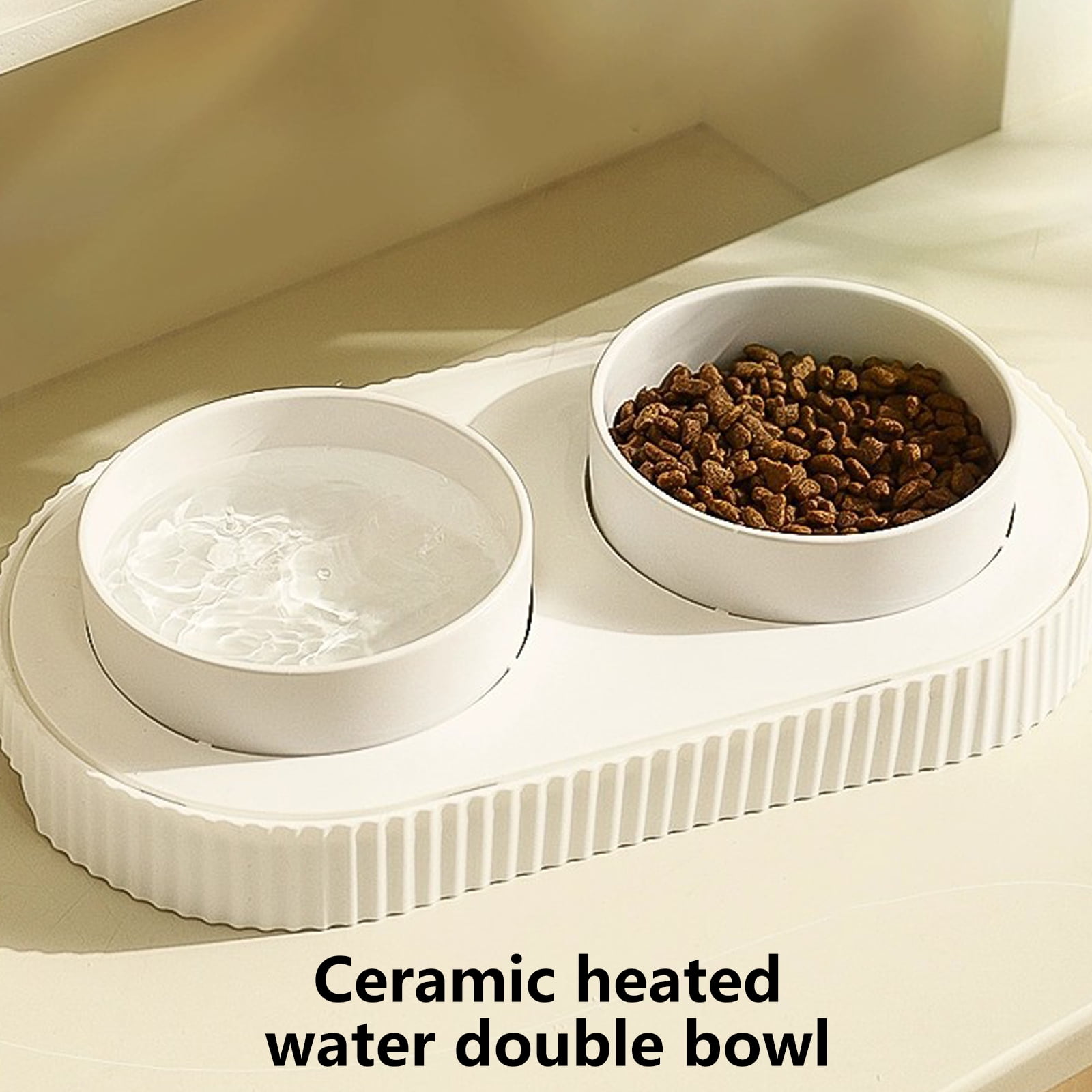 BELOWSYALER USB Heated Double Bowls for Pet Drinking Feeding Ceramic Food Feeder Water Bowl for Cold Weather Cats Food Warmer