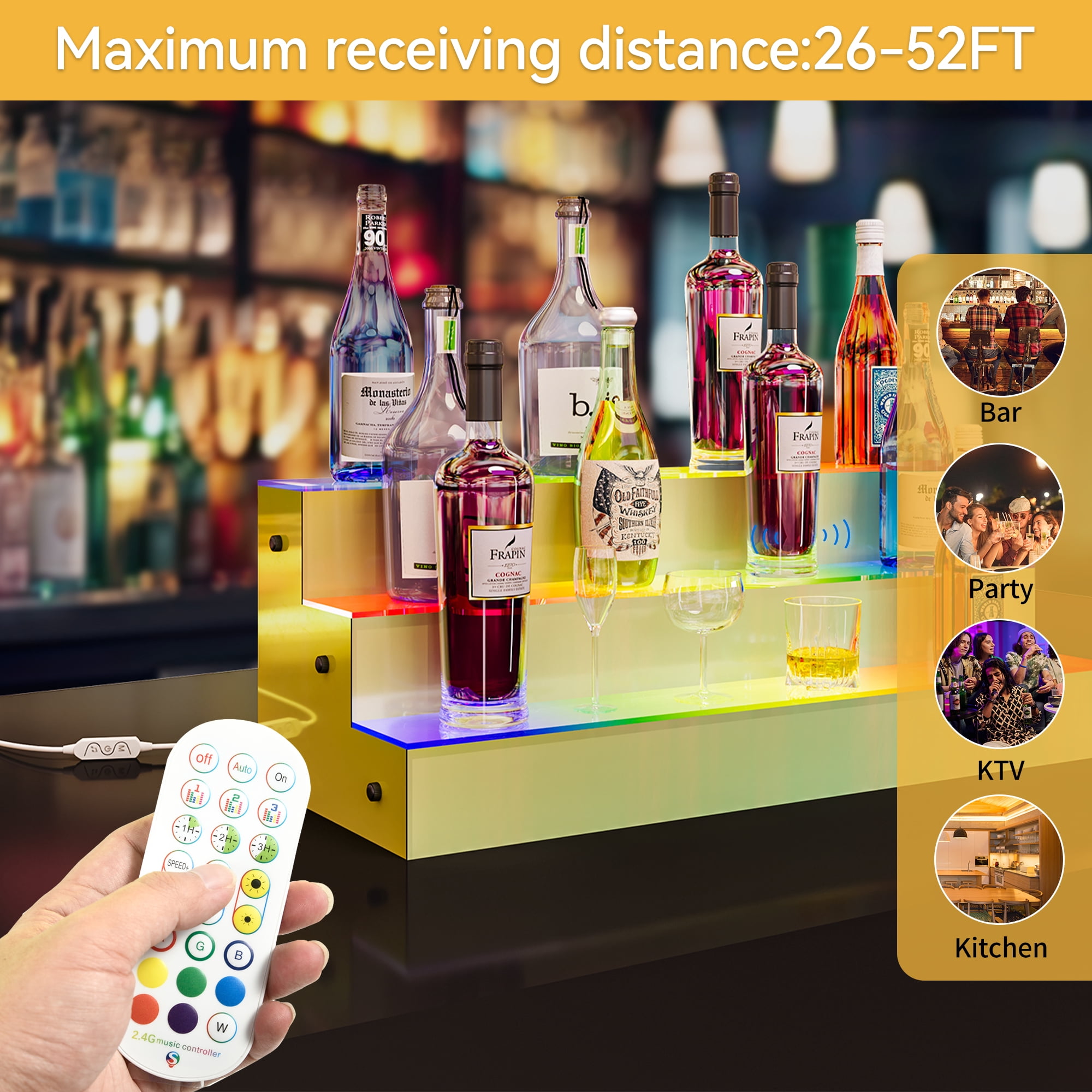 Uforic LED Liquor Bottle Display Shelf 3 Tier 30-Inch Lighted Bar Shelves Colorful Acrylic Storage Rack with Dazzling Panel RF Remote & App Control Supports Power Bank Multicolor Lighting Shelf