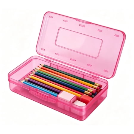 Pencil Box Large Capacity Clear Pencil Case 1 Pack Hard Pencil Case Clear Crayon Box with Snap-tight Lid Stackable Design Plastic Storage Box for Office Supplies Red