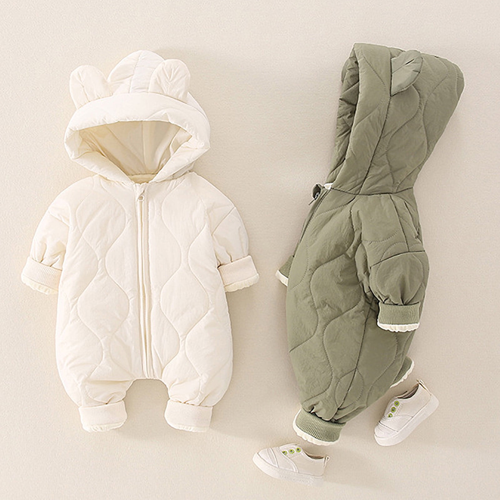 TAIAOJING Baby Boy Girl Winter Jumpsuit Unisex Padded Hooded Bears Ears Long Sleeve Cute Cartoon Romper Zipper Jumpsuit Outfits Autumn And Fall Winter Clothes 18-24 Months