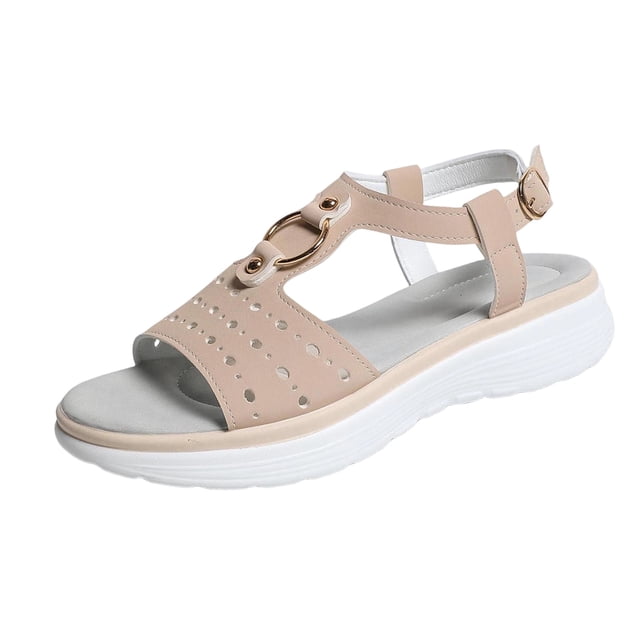 Khaki Women'S Flat Sandals Round Toe Open Toe Solid Color Soft Sole Slip-On Lightweight Non-Slip Daily Footwear For Spring Summer Wear Size 43