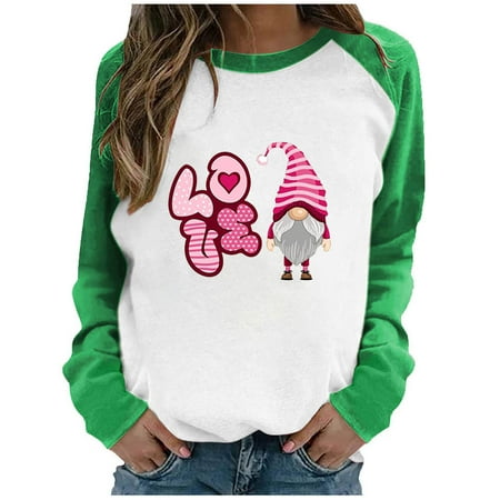 Zodggu Gift Thin Sweatshirts for Women Crew Neck Loose Casual Blouse Tops Gnomes Print Valentines Day Raglan Long Sleeve Love Heart Print Fashion Ladies Female Leisure Green M