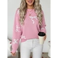 thumbnail image 7 of Women's Crew Neck Bow Jacquard Knit Sweater, Drop Shoulder Long Sleeve Loose Pullover Top for Christmas Holiday, 7 of 7