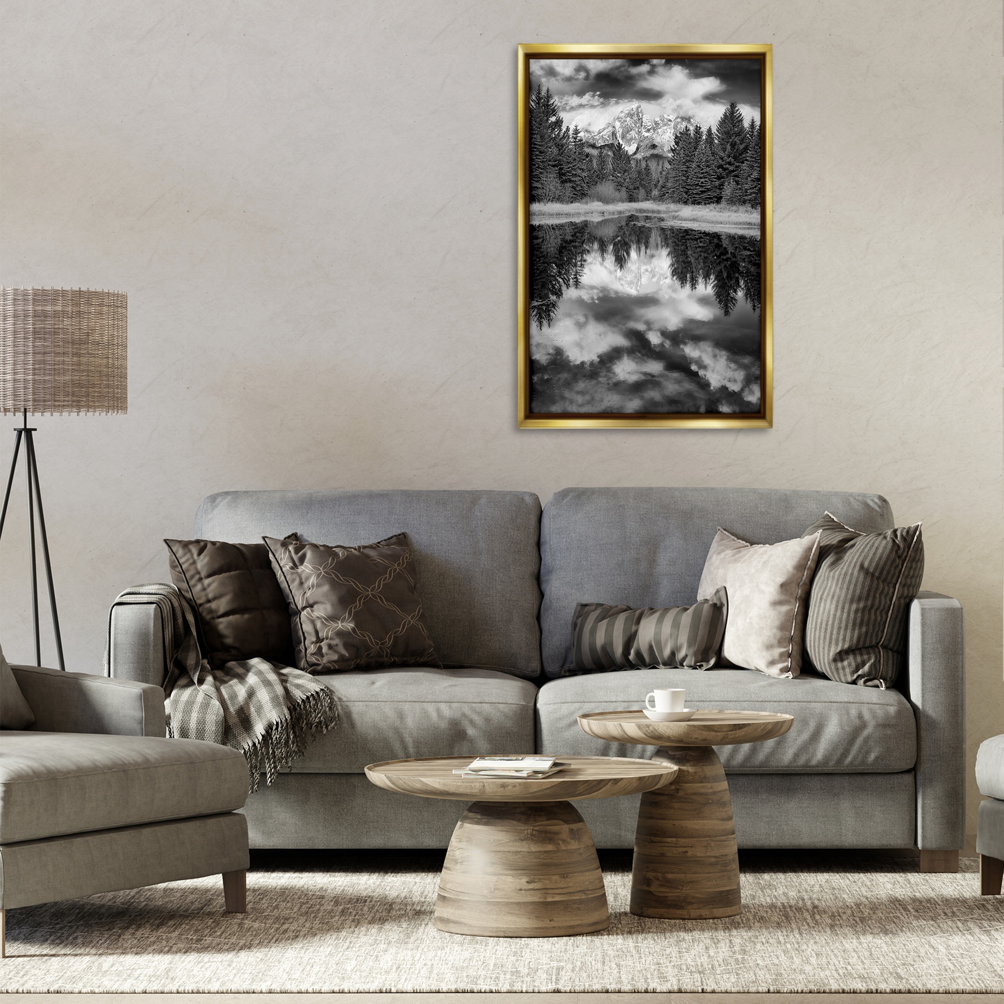 Stupell Industries Black & White Forest Reflection Landscape & Nature Photography Gold Floater Framed Canvas Art Print Wall Art, 21 x 31