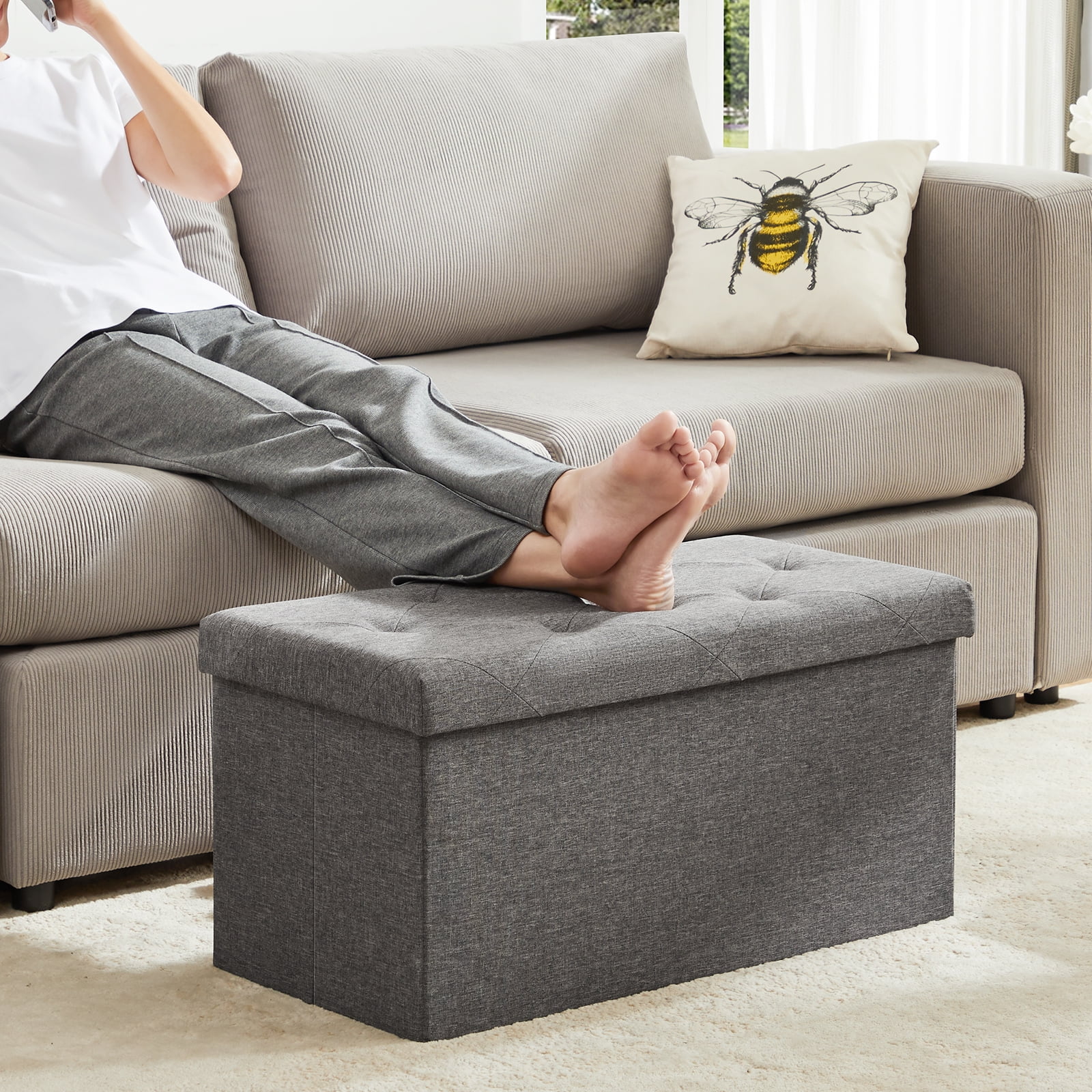 Gianna 30 Inches Folding Storage Ottoman Bench, Storage Chest, Foot Rest Stool, Bedroom Bench with Storage, Gray