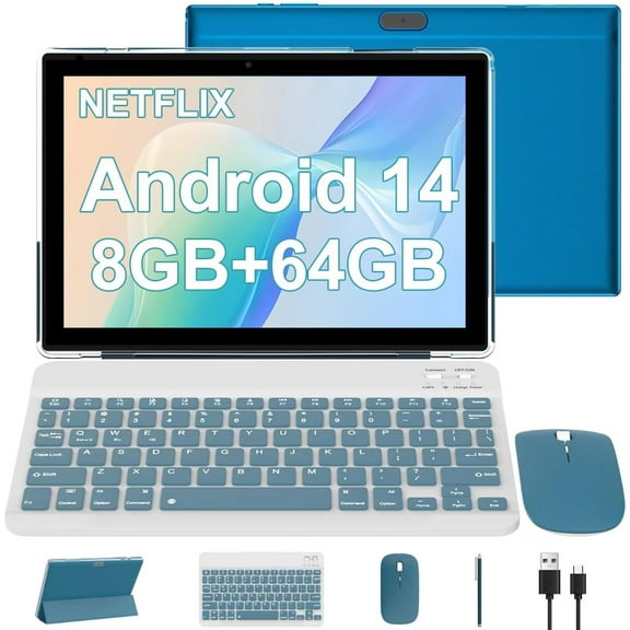 10 inch Android 14 Tablet, 2024 Newest 2 in 1 Tablet with Keyboard/ Mouse/ Case, 8GB RAM 64GB ROM 1TB Expandable Computer Tablets, 1280*800 IPS Screen, 2 8MP Dual Camera, 2.4G/5G Wifi 6 BT 5.0 Tablet