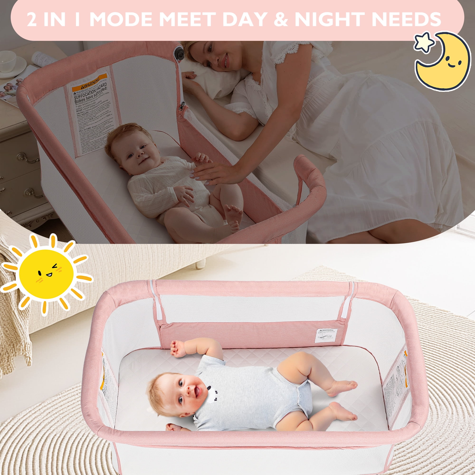AILEEKISS Baby Bassinet with Wheels Adjustable Bedside Sleeper Bassinet Newborn Baby Crib, Pink