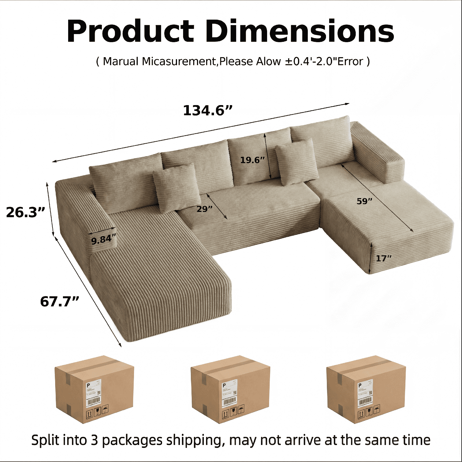 Cubente 134.7" Modular Cloud Sectional Sofa, Cloud Boneless Couch No Assembly Required Reversible U-Shaped Couches with Chaise, Oversized Sofa with 4 Seats for Living Room