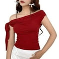 thumbnail image 2 of Women'S Off Shoulder Double Lined Crop Tops Going Out Sleeveless Asymmetrical Y2k Tops Red L, 2 of 6