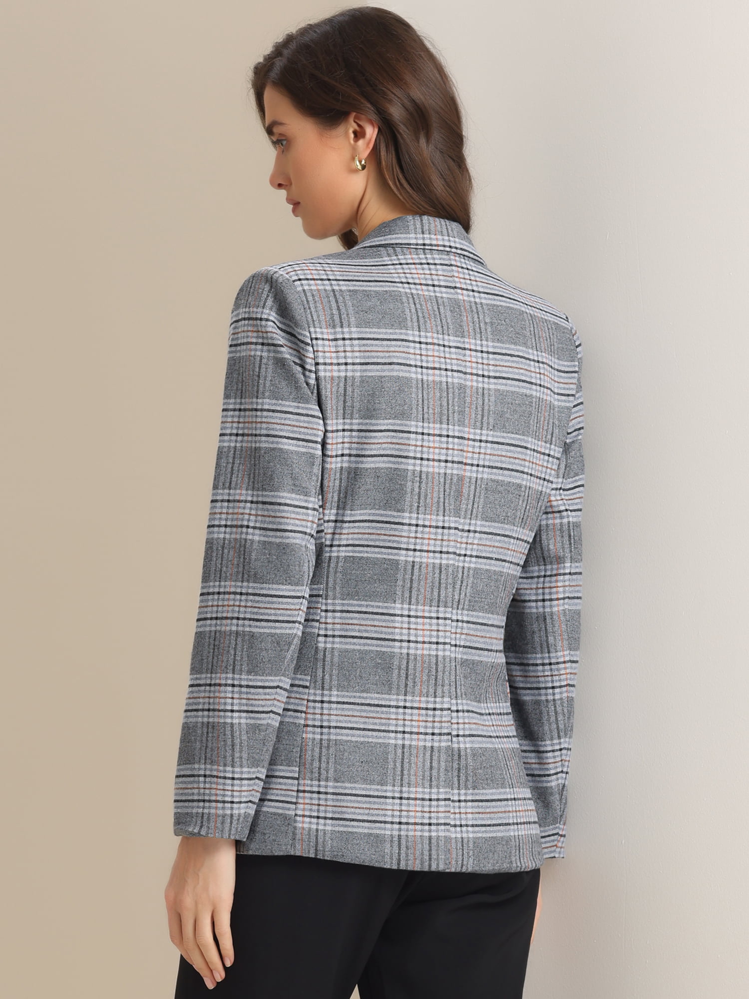 DARING DIVA Women's Plaid Notched Lapel Blazer S Grey
