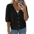 thumbnail image 4 of Half Sleeve Solid Color V Neck Women Casual Button Down Cardigan Knit Tops, 4 of 7
