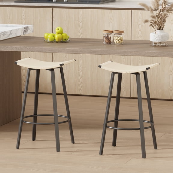 FFZ Backless Counter Height Bar Stool Set of 2 with PVC Weaving and Round Footrest, Creamy White