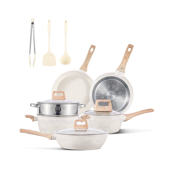 RUIE 12-Piece Pots and Pans Set, Ceramic Nonstick Cookware Set with Steamer and Utensils, Induction Compatible, Cream White
