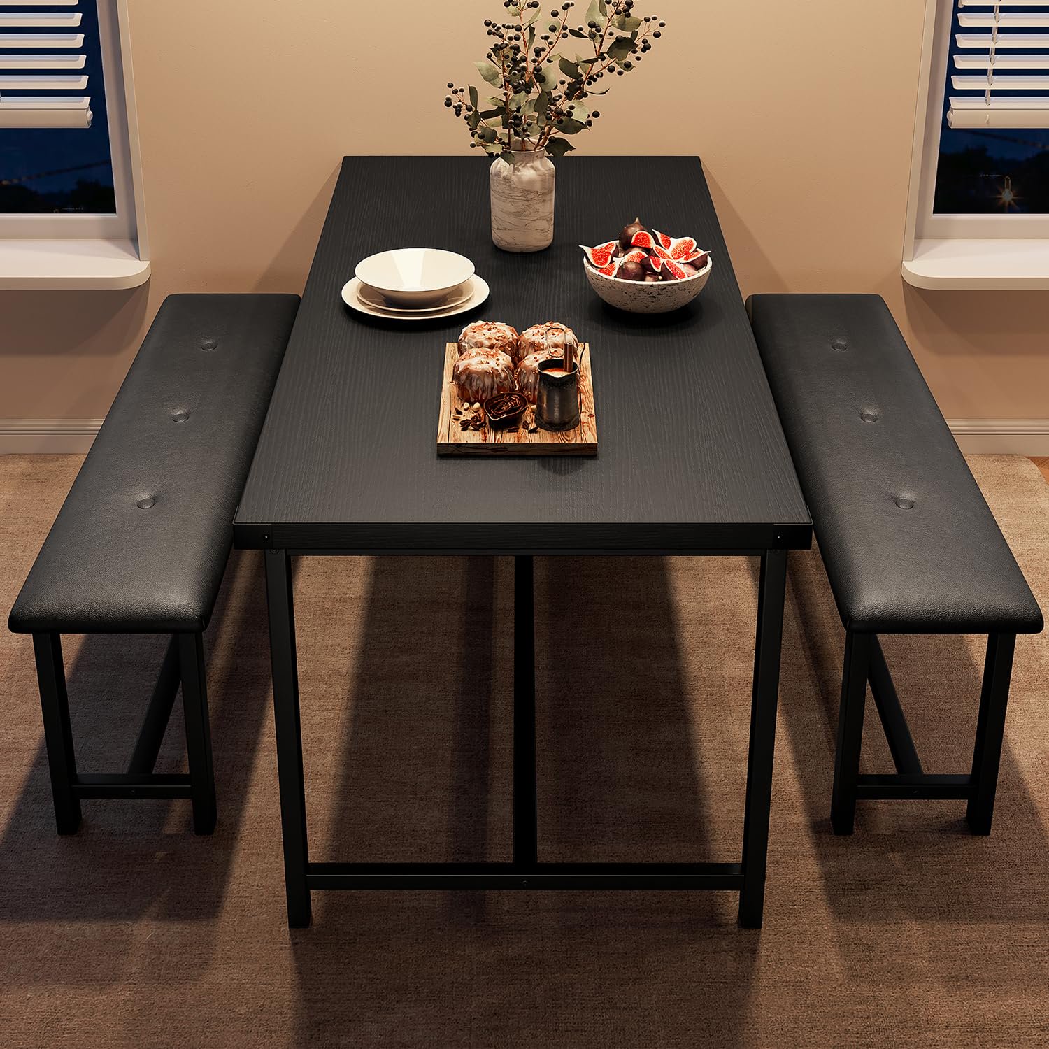 3-Piece Industrial Dining Table Set 44 inch Rectangular Wooden Kitchen Table 2 Tufted Upholstered Benches Metal Frame Space Saving for Small Spaces Apartment