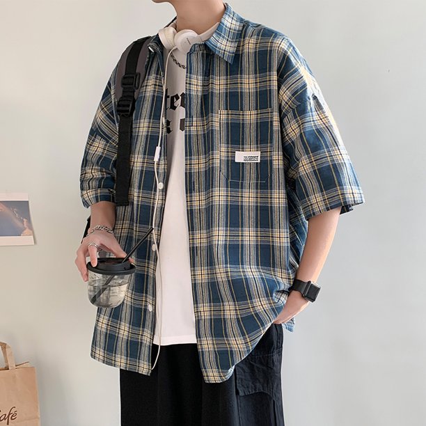 Camisa a cuadros para hombre, ropa de calle coreana Y2k, Blusa de manga corta a la moda de verano, novedad de 2024