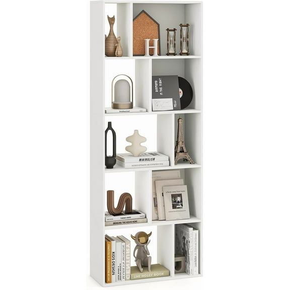 GOFLAME 5-Tier Geometric Bookcase, 63” Tall Freestanding Bookshelf with 10 Open Cubbies, Anti-Toppling Kits, Modern Cube Storage Organizer for Living Room, Bedroom, Home Office, White