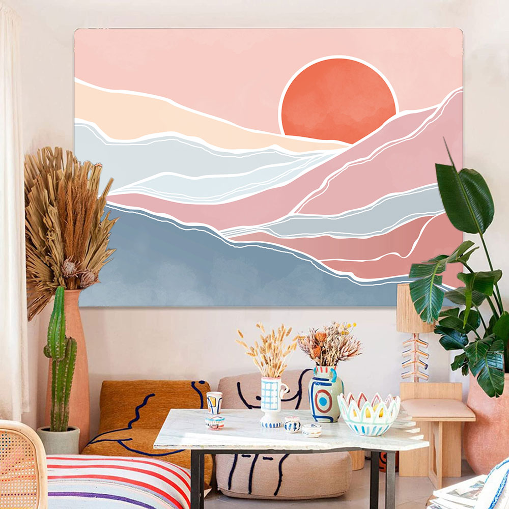 Boho Pink Tapestry, Sunrise and Mountain Tapestry, Mid Century Tapestries Decorative  Abstract Nature Landscape Wall Hanging Art Minimalist Home Decor for  Bedroom Living Room College Dorm, 60x40in