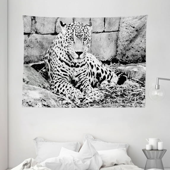 House Decor Tapestry, Jaguar Wild Big Cats Feline with Dots on Body Fur Print Jungle Tiger Leopard, Wall Hanging for Bedroom Living Room Dorm Decor, 80W X 60L Inches, Black White, by Ambesonne
