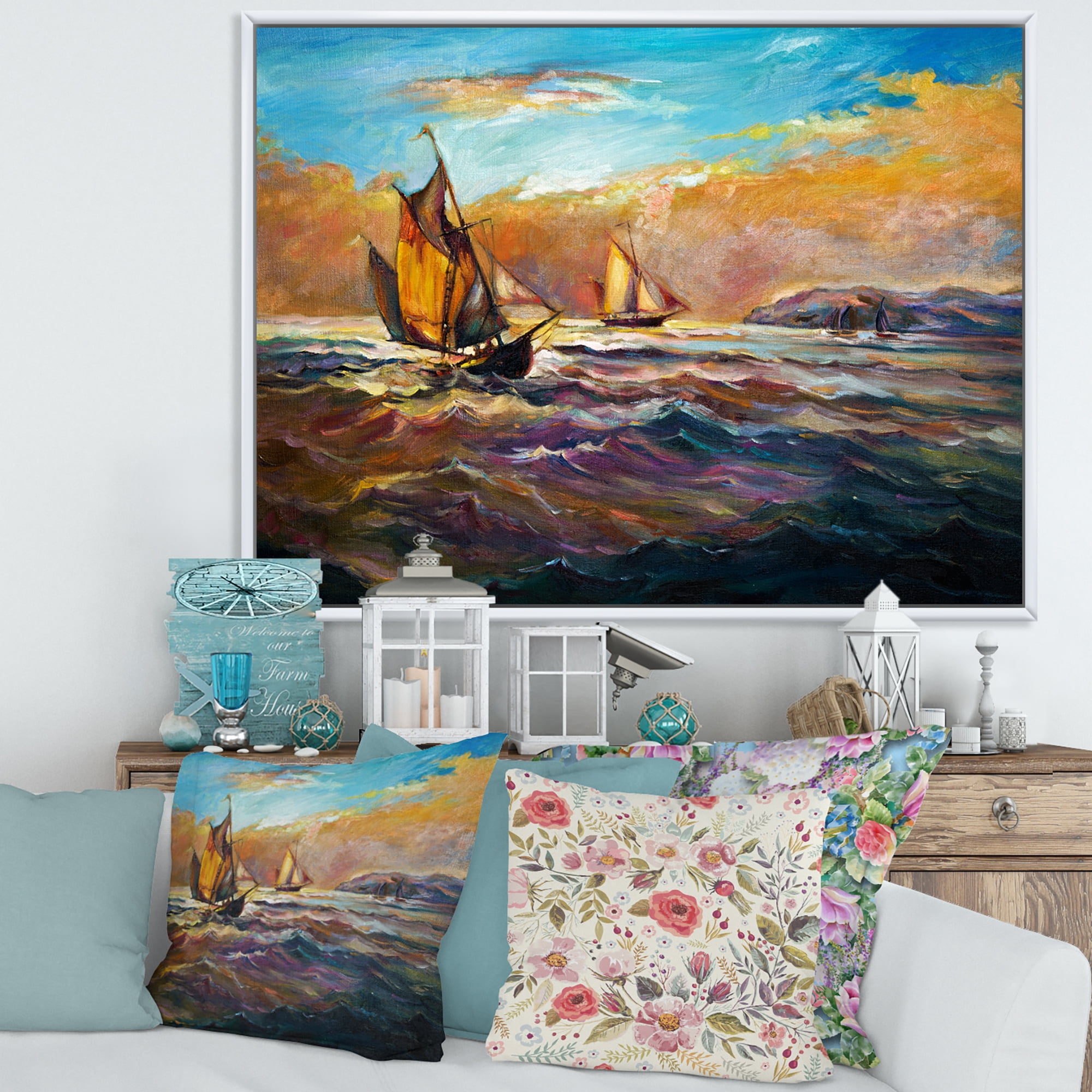 Boats During Evening Sunset In The Ocean II 32 in x 24 in Framed Painting Canvas Art Print, by Designart