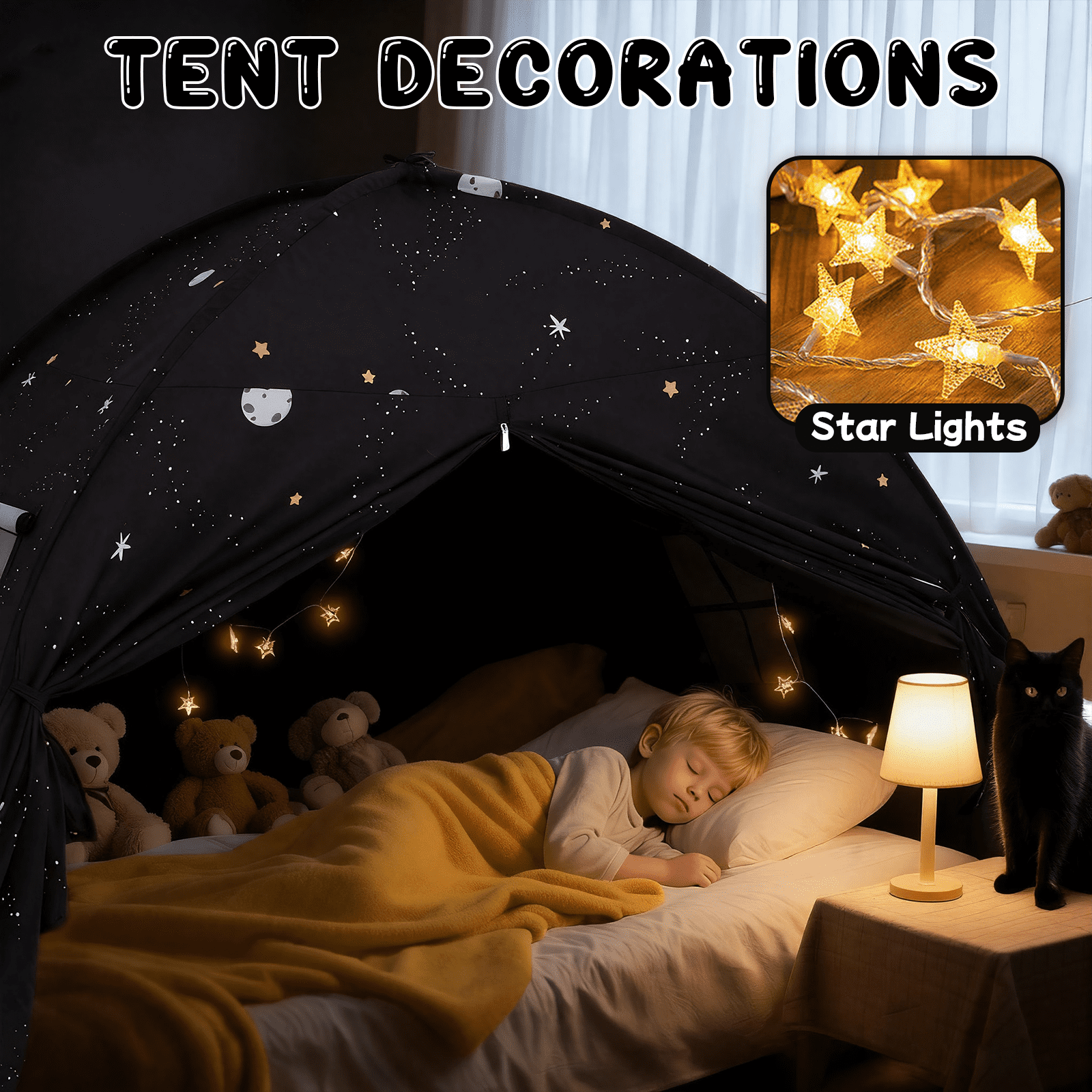 SweHouse Toddler Bed Canopy Lights Sleeping Playhouse Tent, Portable Indoor Privacy Play Space. Foldable Drafty Room Tent for Boys & Girls, Kids Birthday Gifts Golden Beige Large Size. (Black)