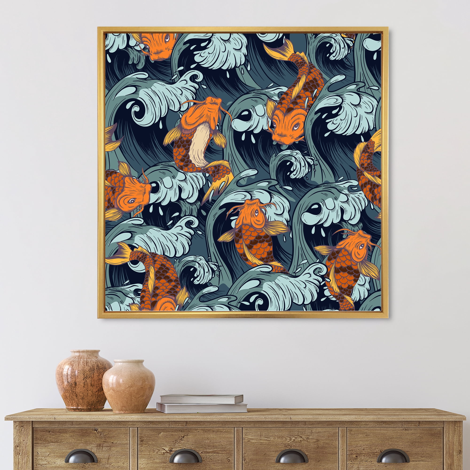 Designart 'Japanese Koi Fish on Sea Waves' Nautical & Coastal Framed Canvas Wall Art Print