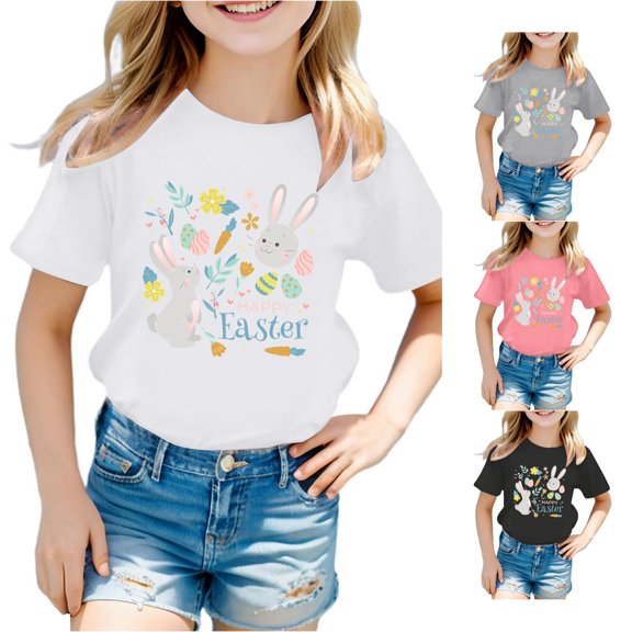 Little Girls Short Sleeve T Shirts Easter Cute Bunny Rabbit Graphic Tops Size 7-8T ,White