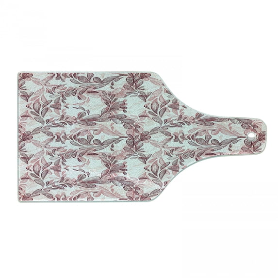 Floral Cutting Board, Romantic Nature Scroll Style Pattern with Hand Drawn Leaves and Petals, Tempered Glass Cutting and Serving Board, Wine Bottle Shape, Maroon Coral and White, by Ambesonne