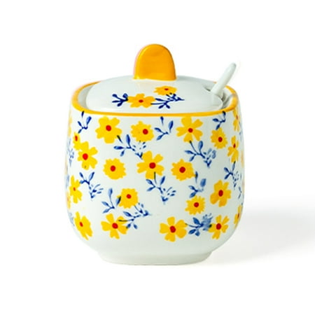 

Hand Drawn Pattern Sugar Bowl With Lid Ceramic Teacup Shape Sugar Pot Coffee Accessories Sugar Pourer Kitchen Storage-Yellow-one