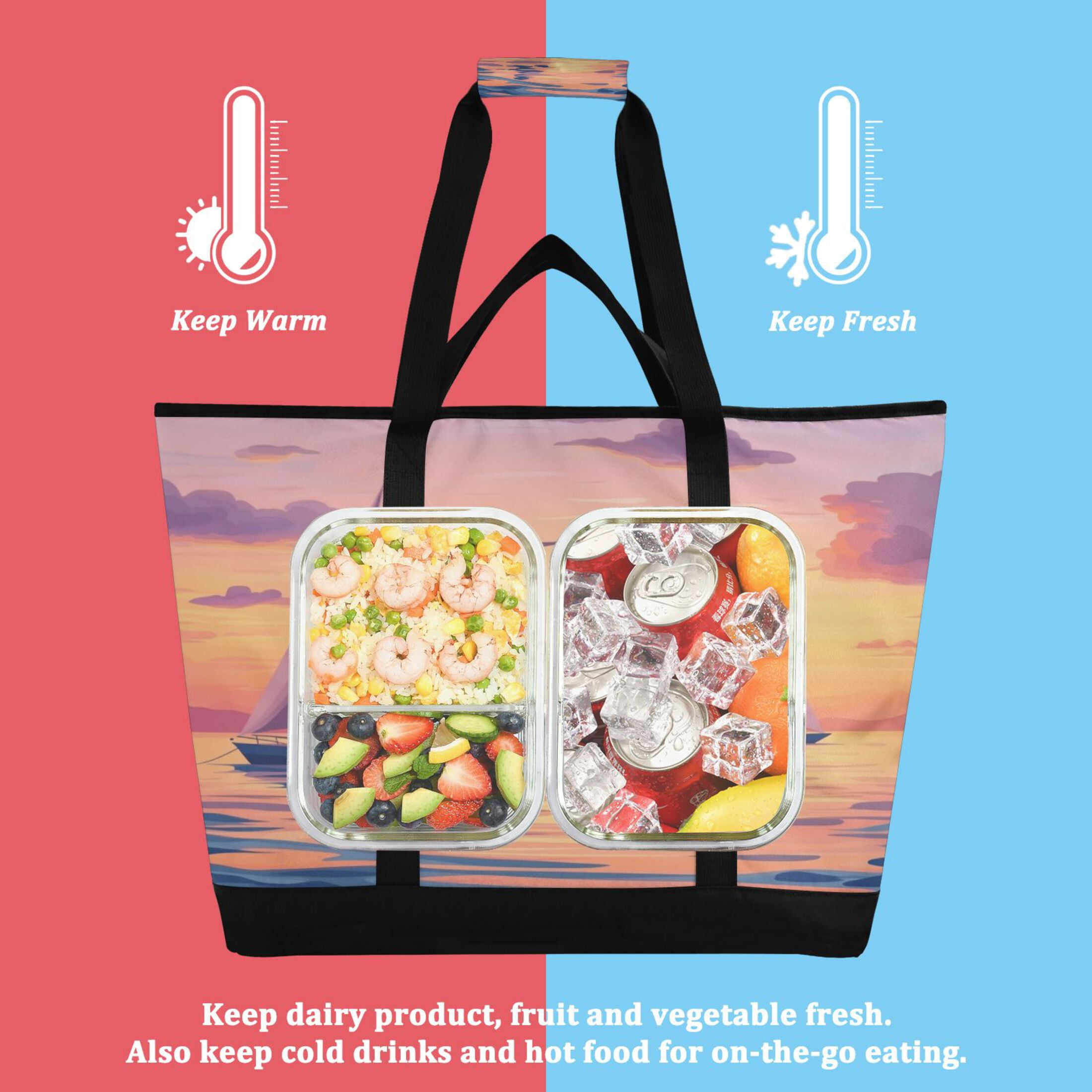 Large Hand-held Ice Pack Picnic Bag Insulation and Refrigeration Suitable for Shopping Picnics and Camping Boat Sunset