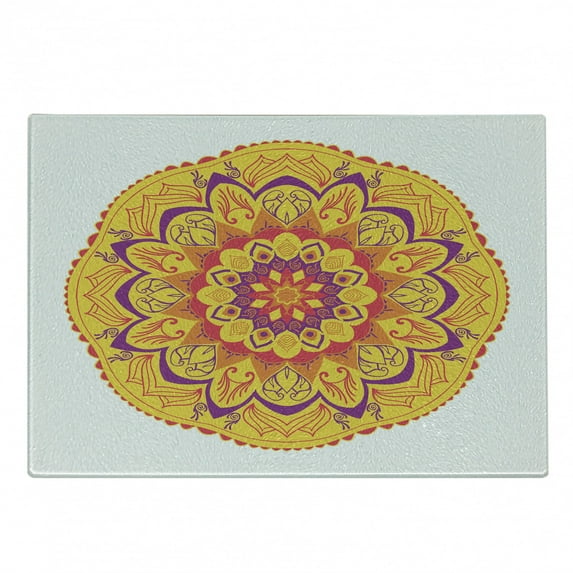 Rainbow Mandala Cutting Board, Warm Colored South Floral Design Oriental Eastern Pattern, Decorative Tempered Glass Cutting and Serving Board, in 3 Sizes, by Ambesonne