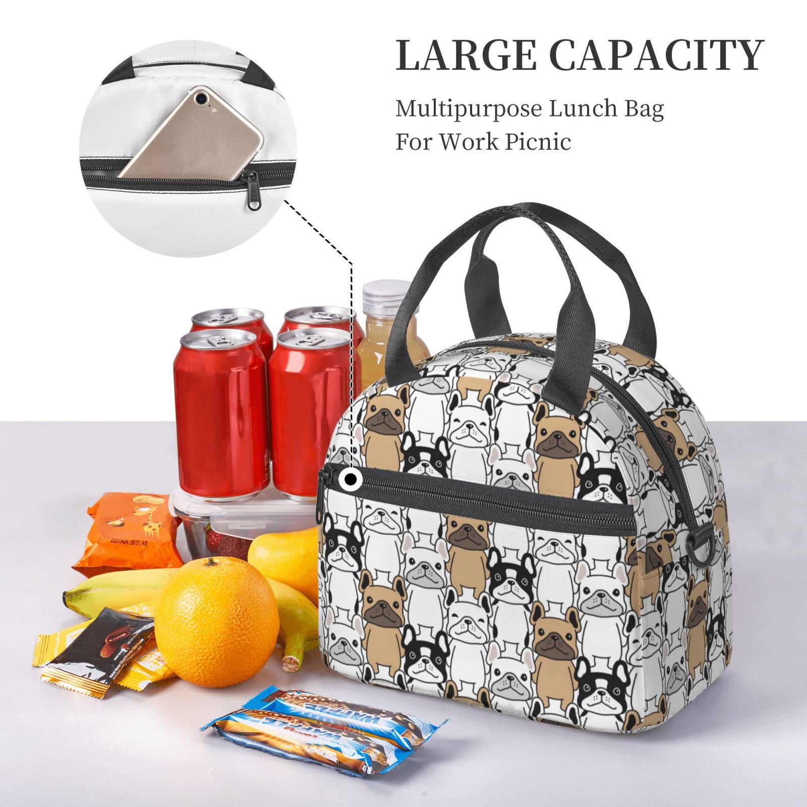 Naloa French Bulldog 2 Print Lunch Bag for Women & Men Insulated Lunch Box or Cooler Lunch Tote Bags for Work, Travel, Outdoor