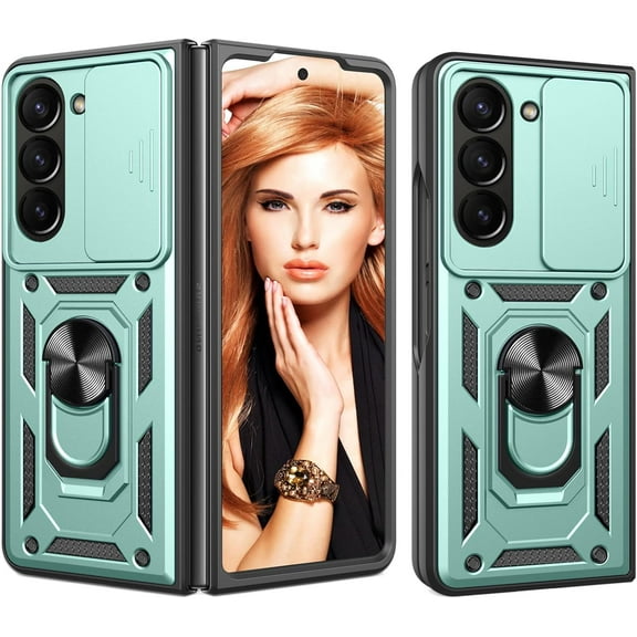 for Samsung Galaxy Z Fold5 Case with Slide Camera Cover for Men, Military Grade Drop Protective Phone Cover Case with Ring Kickstand for Samsung Galaxy Z Fold 5 SJ Green