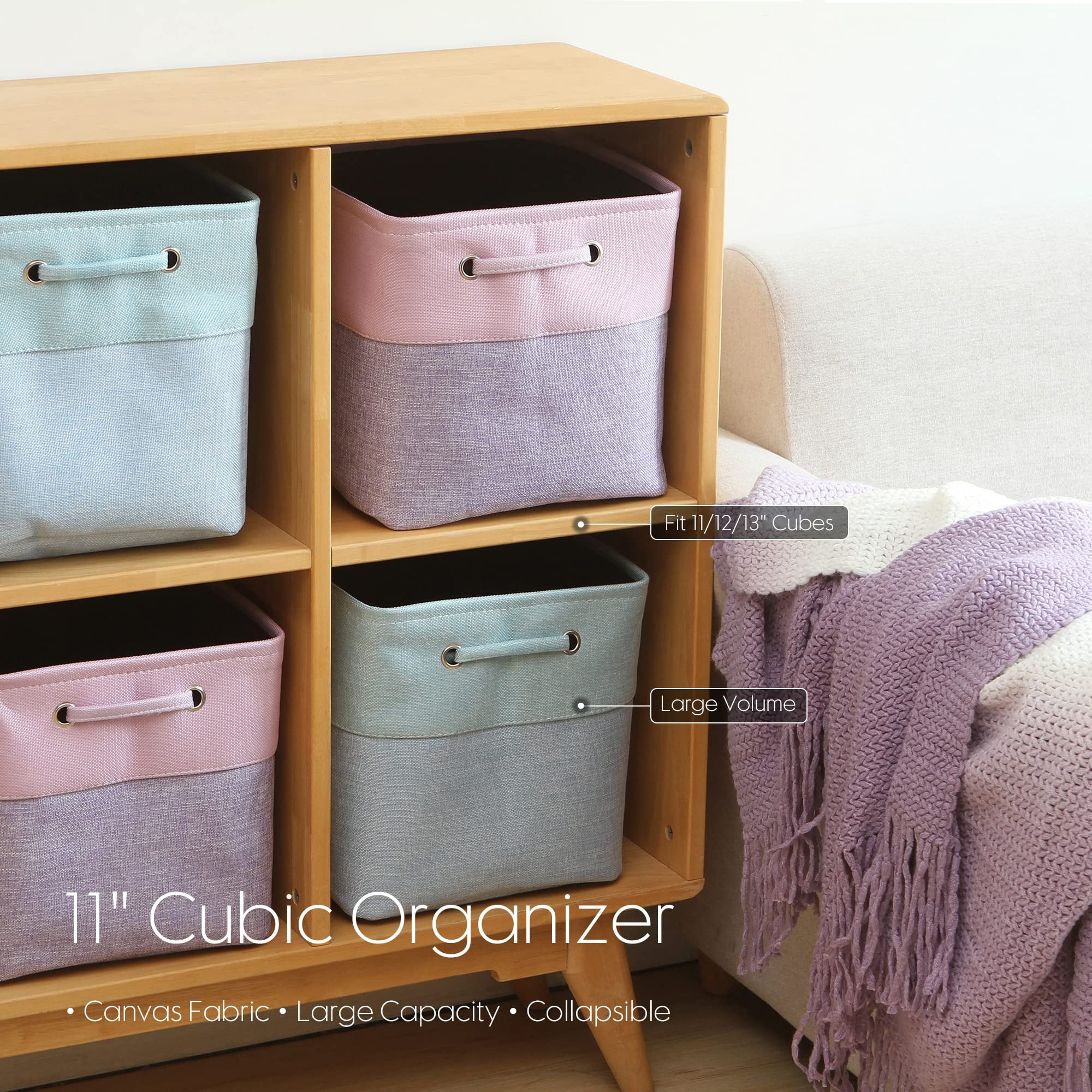 Sea Team 3-Pack Cubic Storage Basket Set, Storage Cube Organizer, Clothes Toys Bin, 11 x 11 x 11 Inches, Big Square Canvas Fabric Collapsible Shelf Box with Handles, Baby Blue & Mint