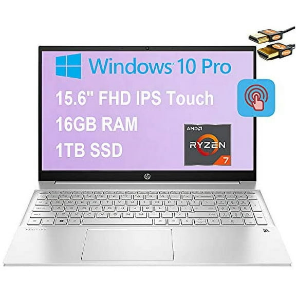 HP Pavilion 15 Flagship Business Laptop 15.6" FHD IPS Touchscreen AMD Octa-Core Ryzen 7 4700U (Beats i7-10710U) 16GB RAM 1TB SSD AMD Radeon Graphics Backlit B&O Audio Win10 Pro Silver   HDMI Cable