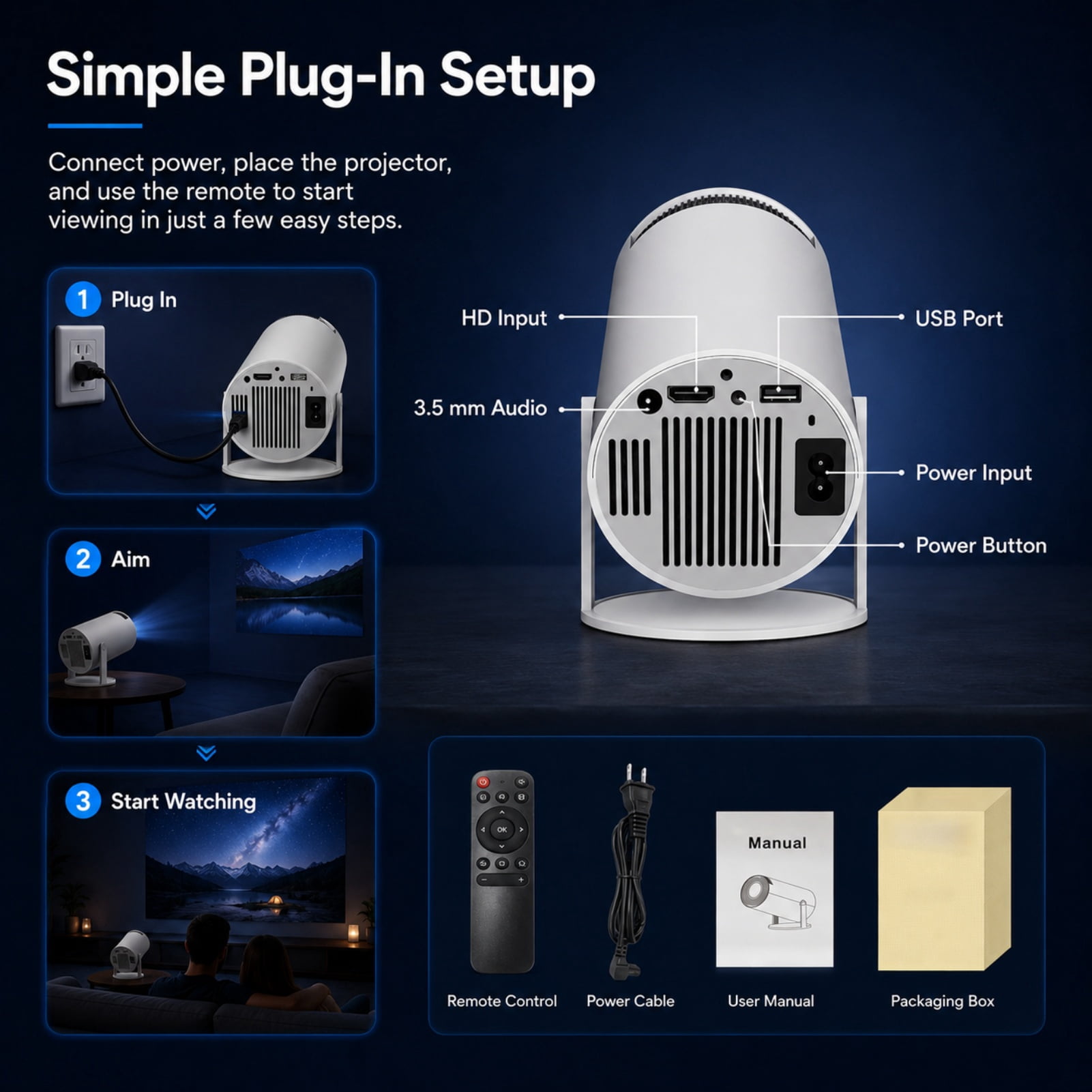 Simplifytech Cinex Mini Projector, Bluetooth 5.4 and Wifi 6 Capabilities, Flexible 180° Projection and Automatic Image Calibration, HD Input Support with Built-In Audio, Suitable for Indoor Use